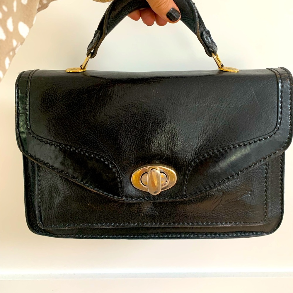 Vntage 70s Pebbled Leather Satchel Accordion Black